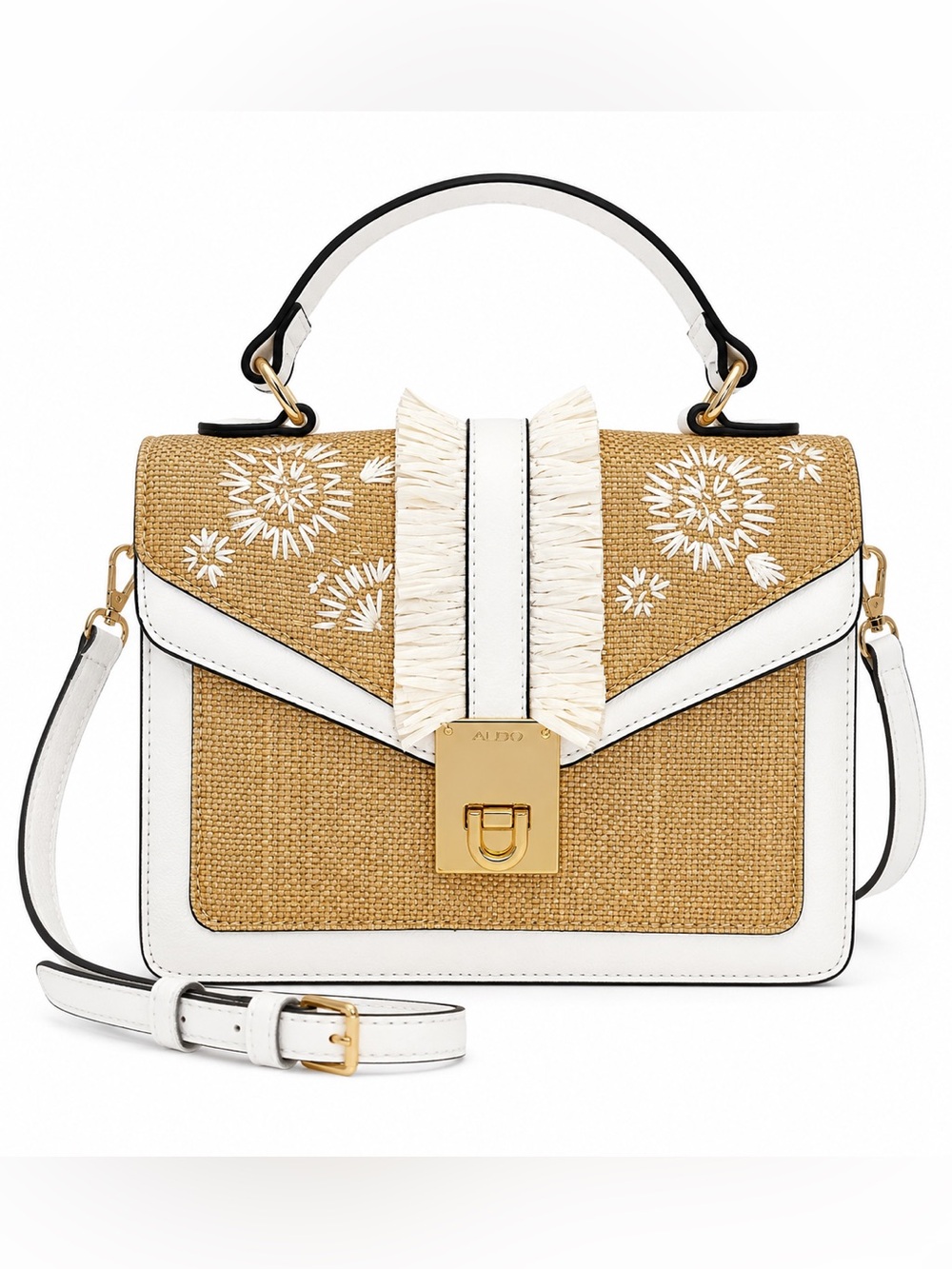 Aldo Oluniel top-handle satchel straw-textured body white floral embroidery boho